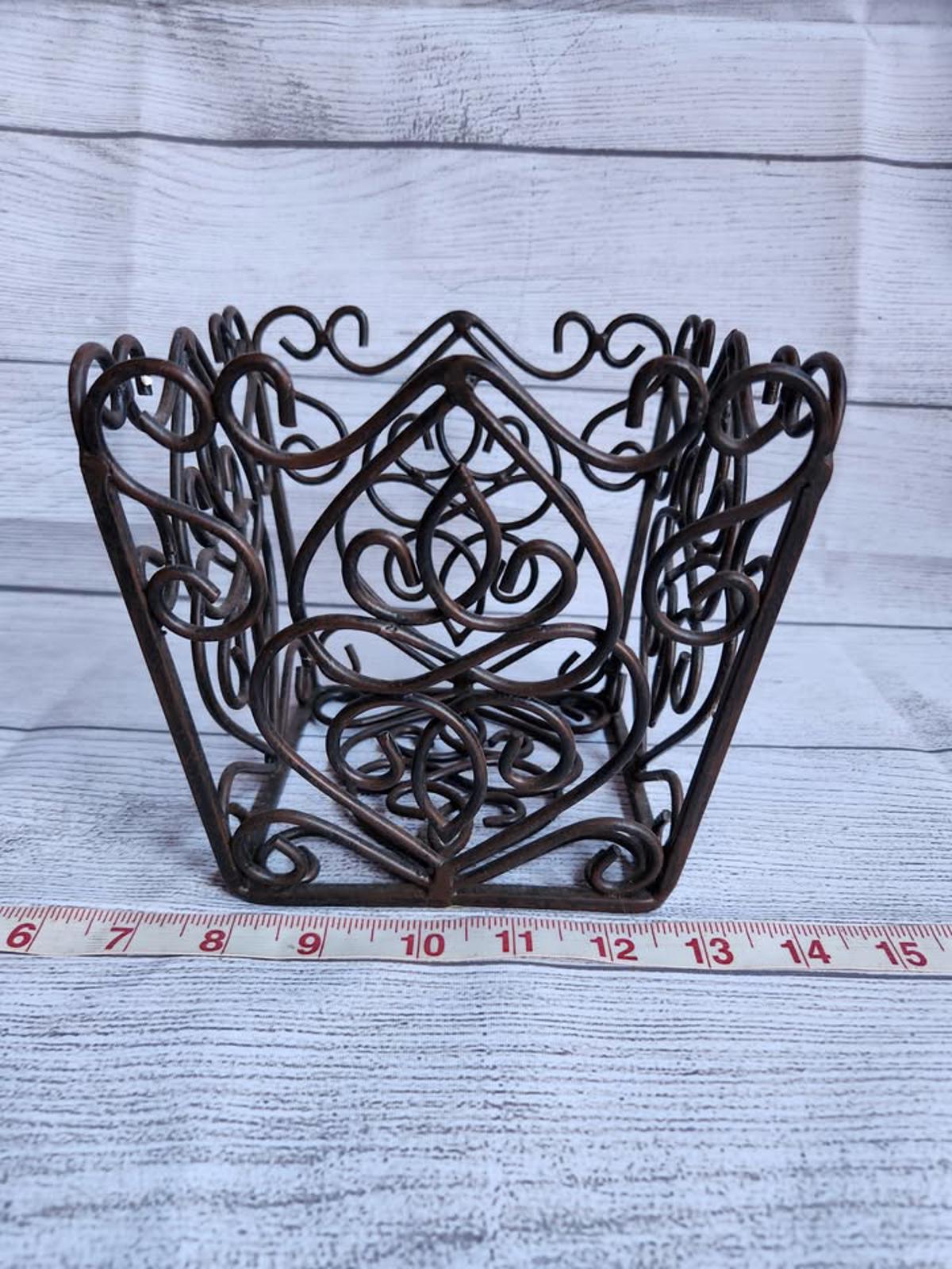 Intricate Square Wrought-Iron Basket Metal Scrolling 8 in.