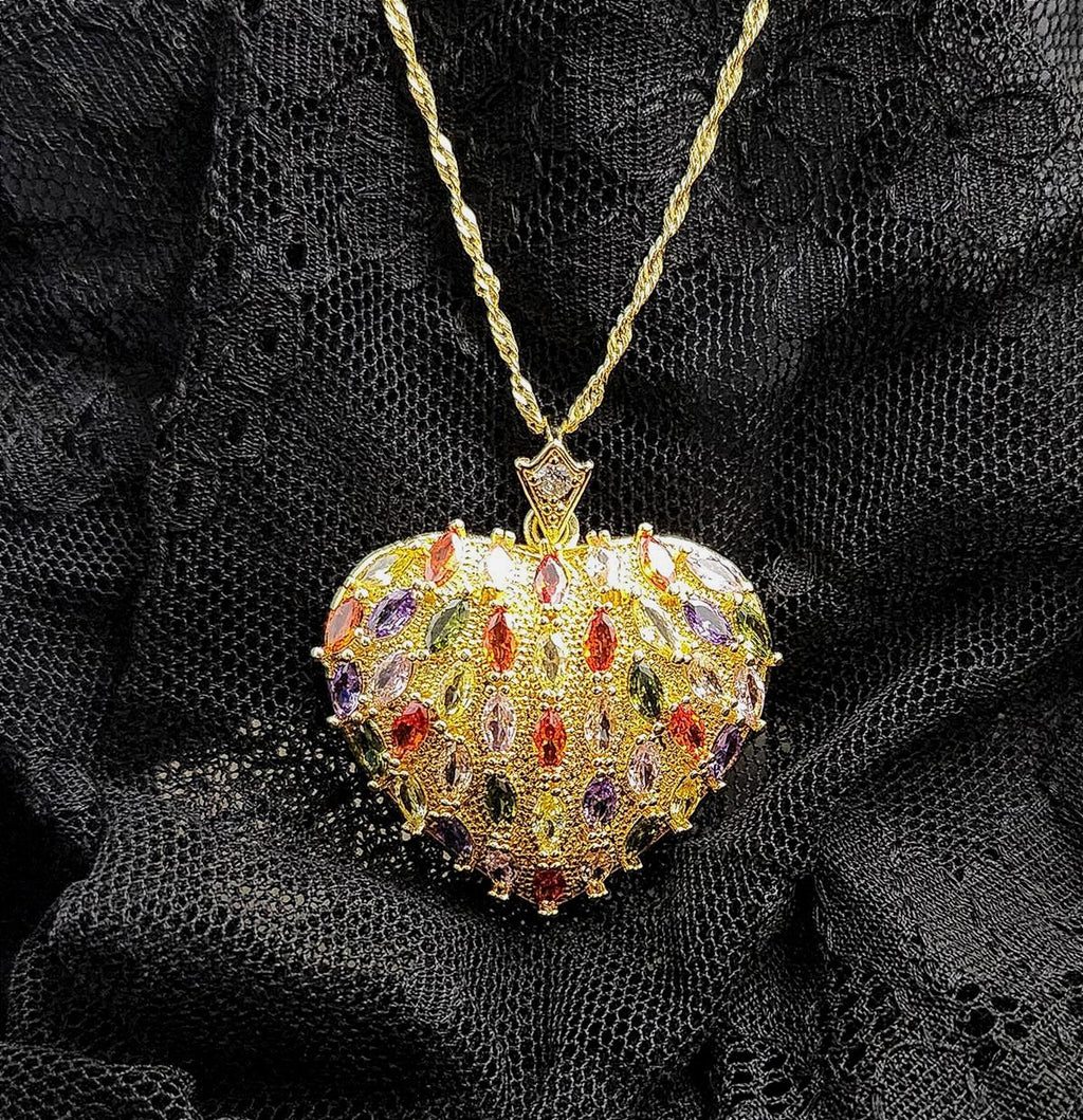 Radiant Multi-Color 18K CZ Heart  Necklace - Large, Sparkling, Valentine, 18in