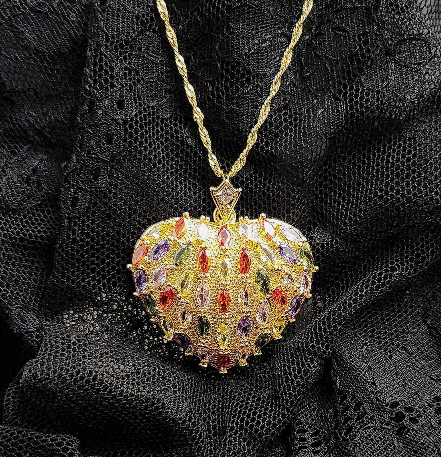 Radiant Multi-Color 18K CZ Heart  Necklace - Large, Sparkling, Valentine, 18in