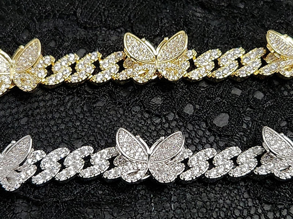 Wonderful CZ Butterfly, Cuban-Link Bracelet, Silver Plated 7in. Ladies Hip Hop