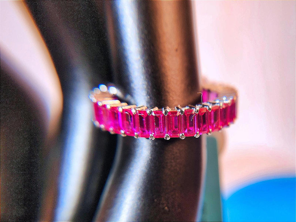 Exceptional Ruby/Sapphire Red Corundum Baguette Eternity Ring Sterling 4mm Band