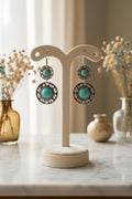Vintage Boho Double-Circle Dangle/Drop Earrings Turquoise & Silver 2-Inches