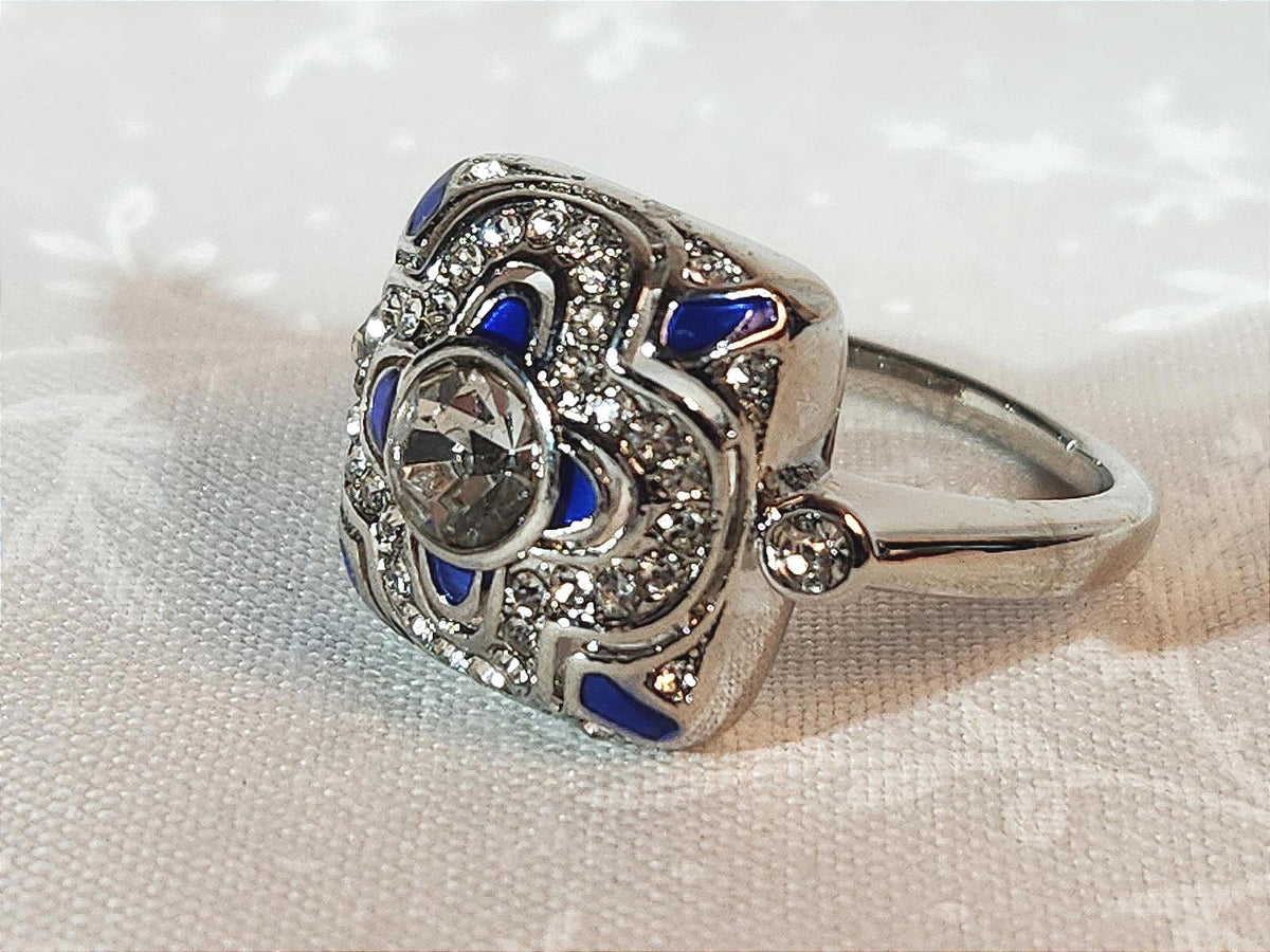 Beautiful Art Deco-Style Silver-Tone Blue/Clear Stones, Square, Fashion - Sz. 8