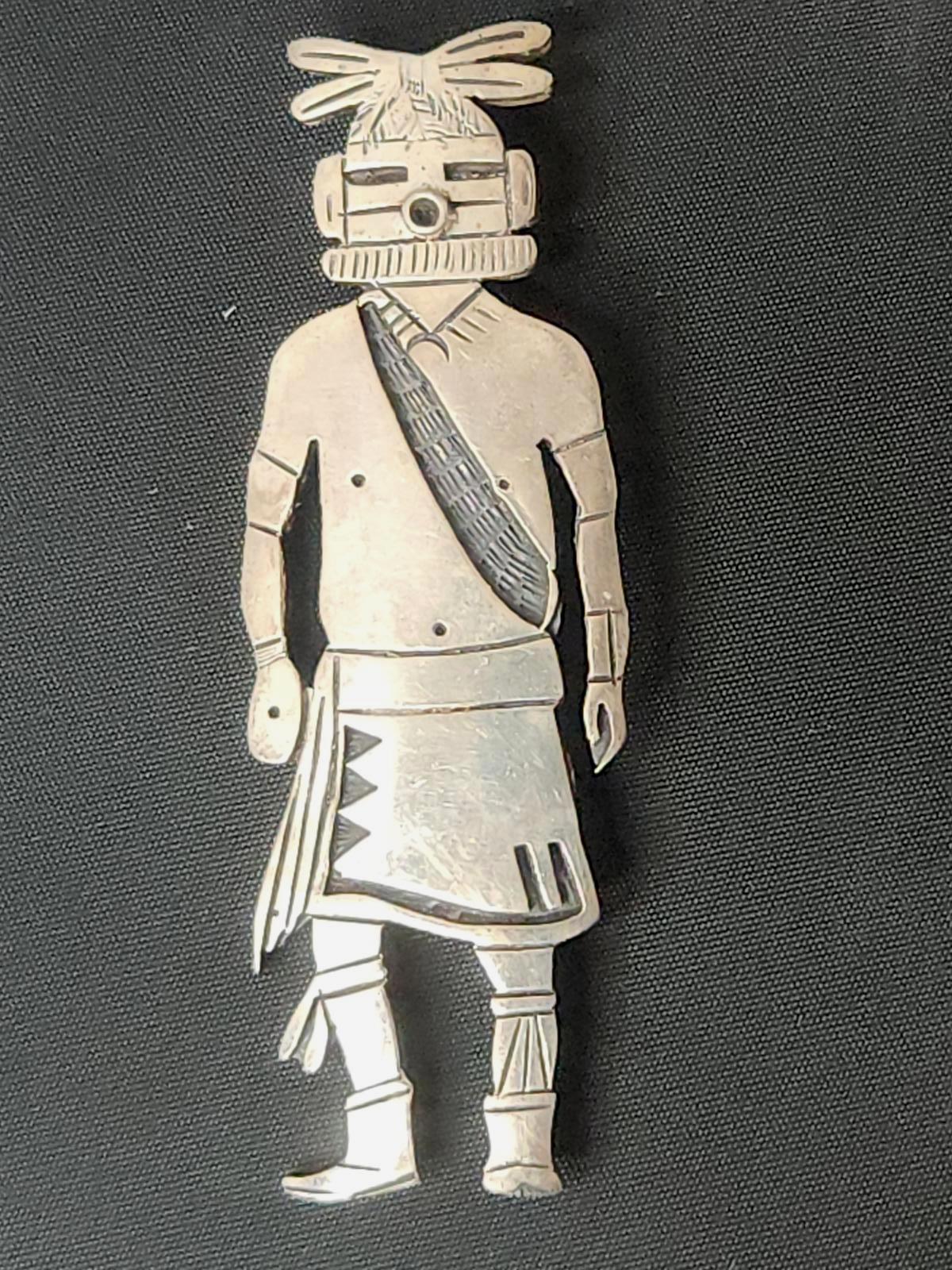 Incredible Vintage Handmade Hopi Kachina Pin Silver - Warrior Hunter Dancer