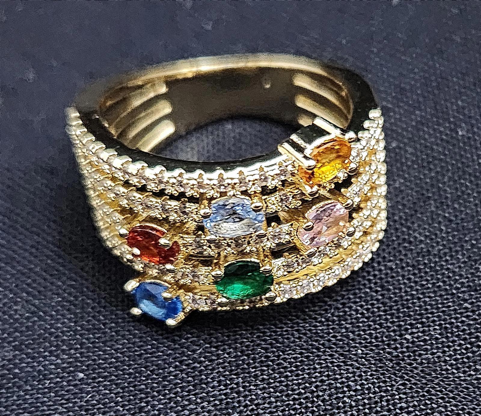 Fabulous Multi-Gemstone CZ Gold-Tone Ring with Pavé CZ Accents