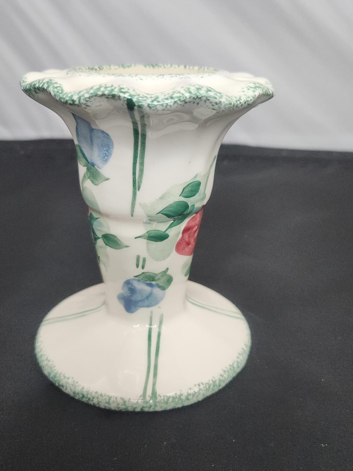 Vintage Painted Candle Holder Ceramic/Porcelain Floral Scalloped Lip
