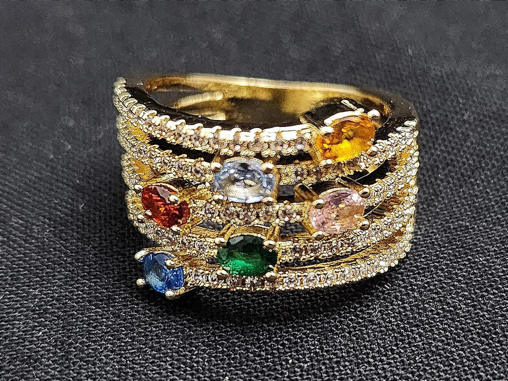 Fabulous Multi-Gemstone CZ Gold-Tone Ring with Pavé CZ Accents