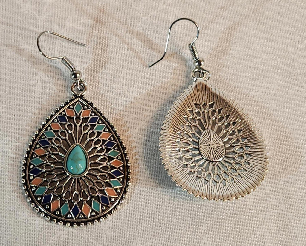 Beautiful Boho-Style Earrings, Silver Filigree-Set Simulated Turquoise & Coral
