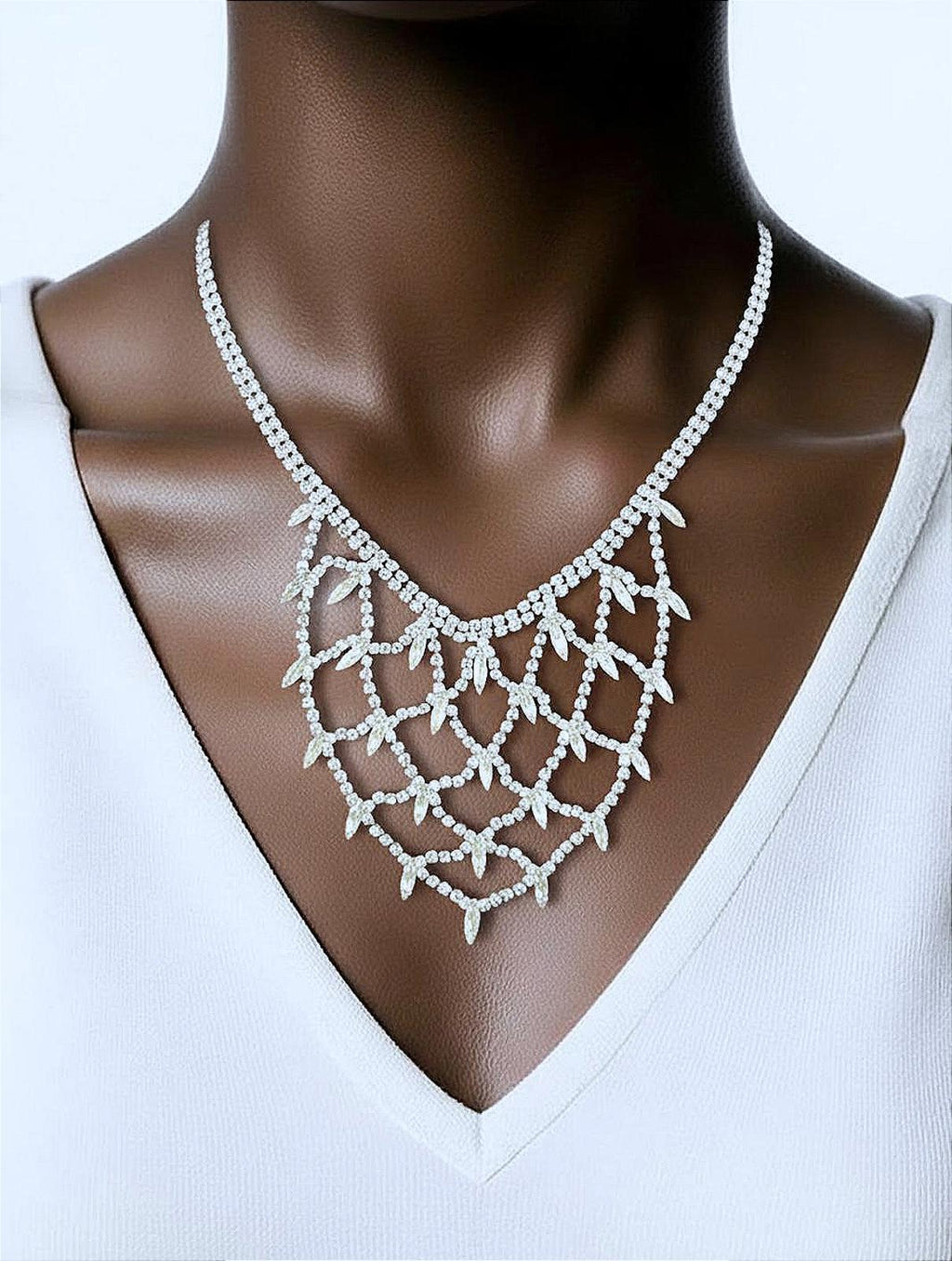 Fabulous Vintage Rhinestone Geometric Weave Pattern Bib Necklace