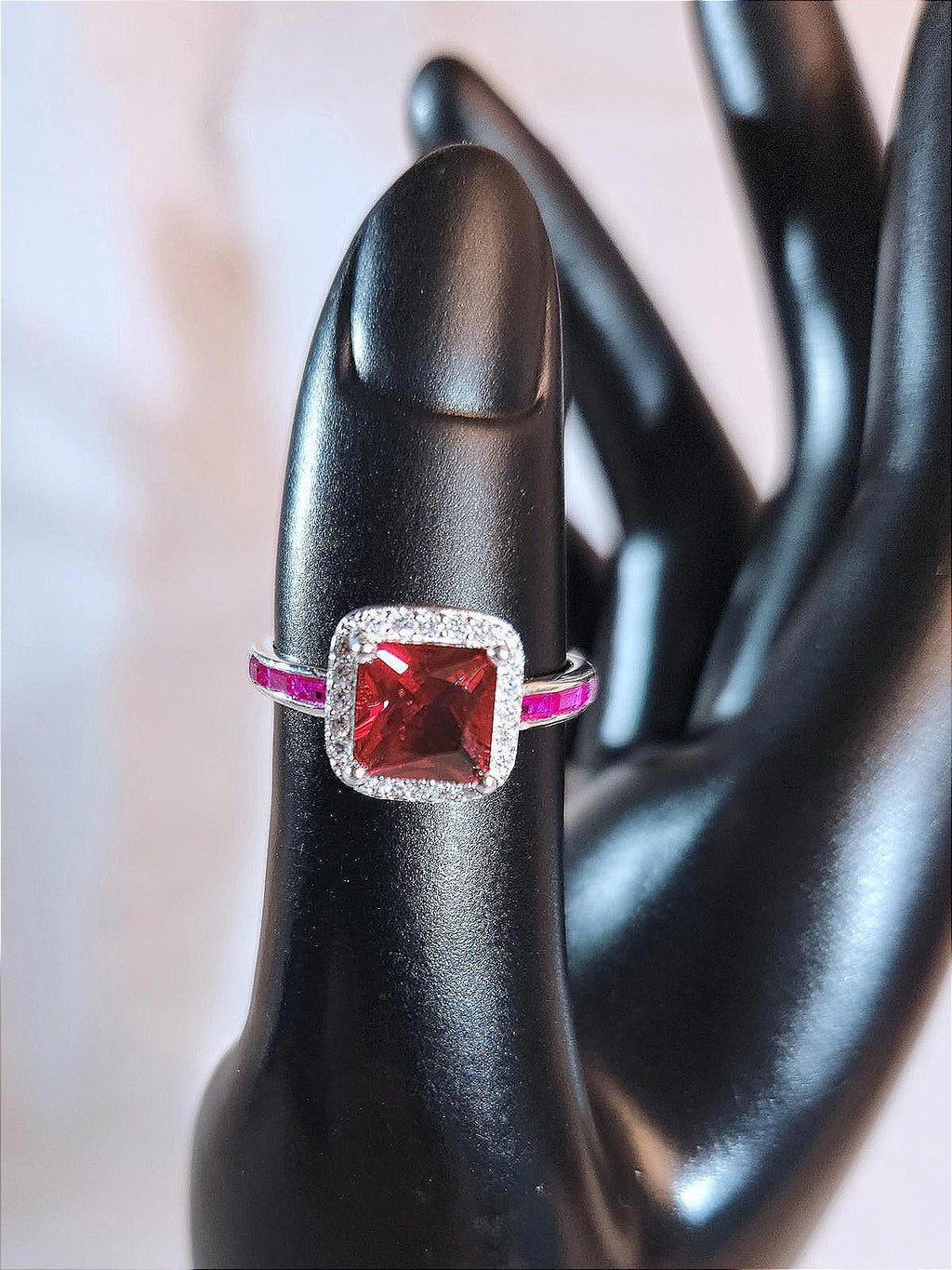 Elegant Ruby AAA CZ Ring With Halo 7mm Sterling Silver Ladies Size 6.75