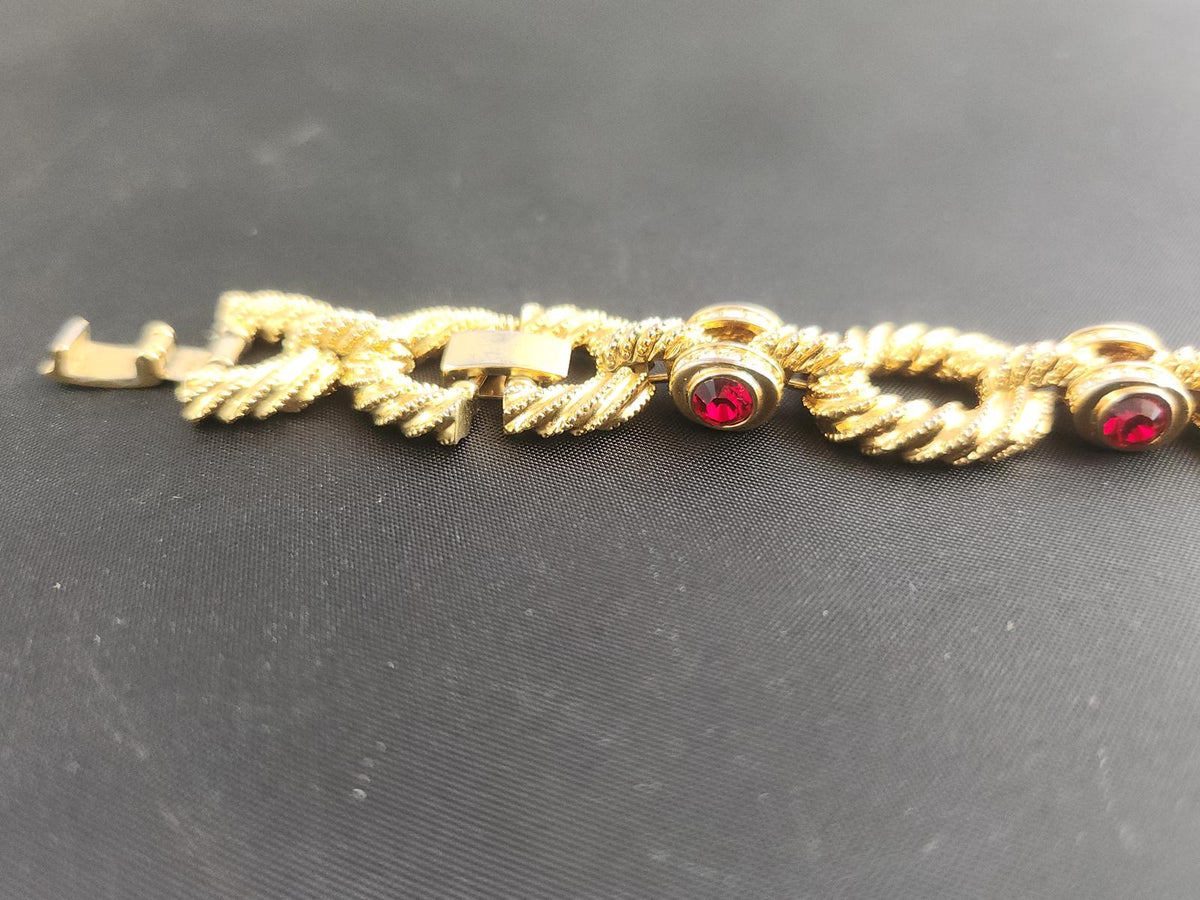 Jacqueline Kennedy Camrose & Kross Red Rhinestone Rope Twist Bracelet Vintage, Hallmarked
