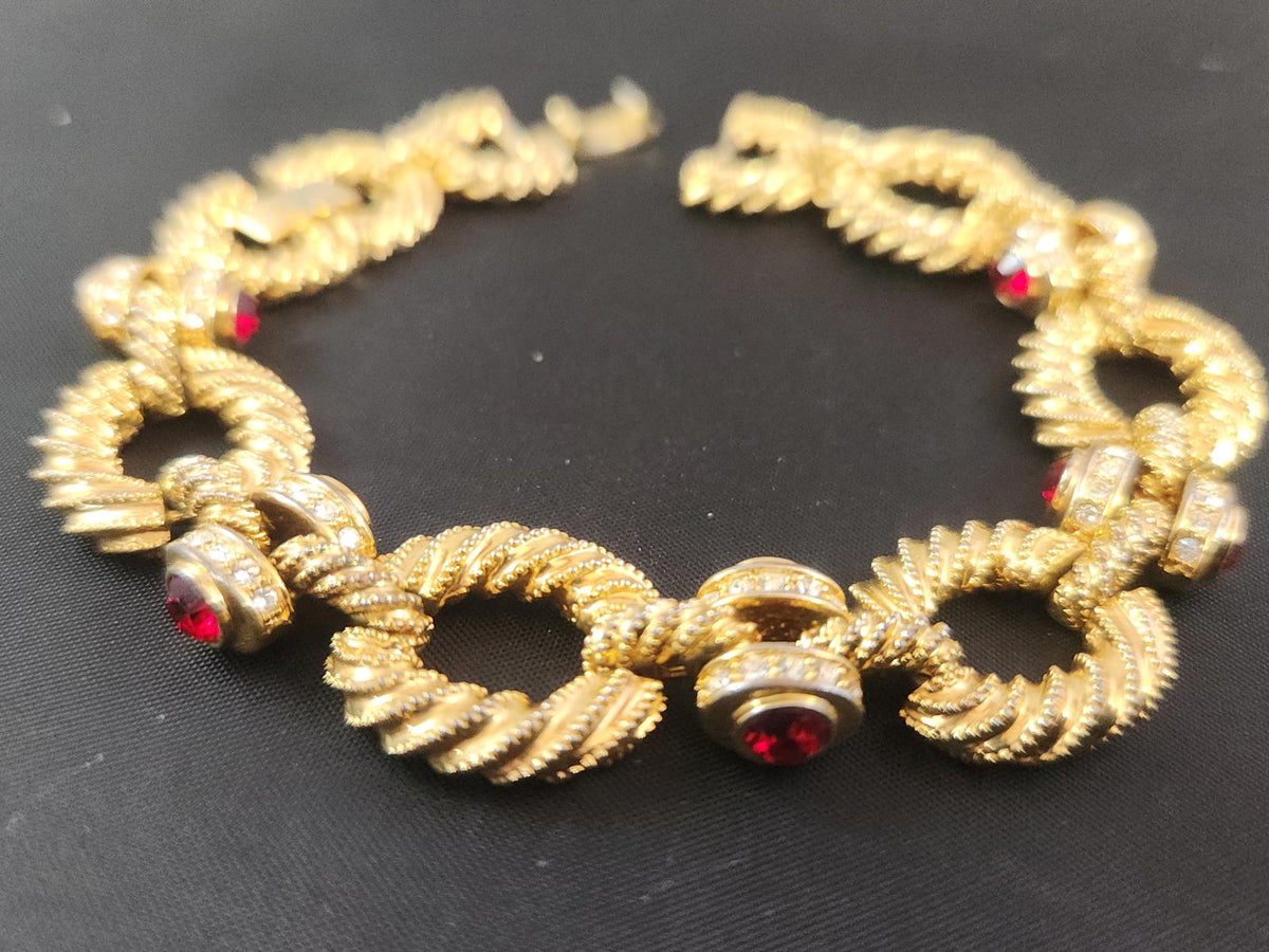 Jacqueline Kennedy Camrose & Kross Red Rhinestone Rope Twist Bracelet Vintage, Hallmarked