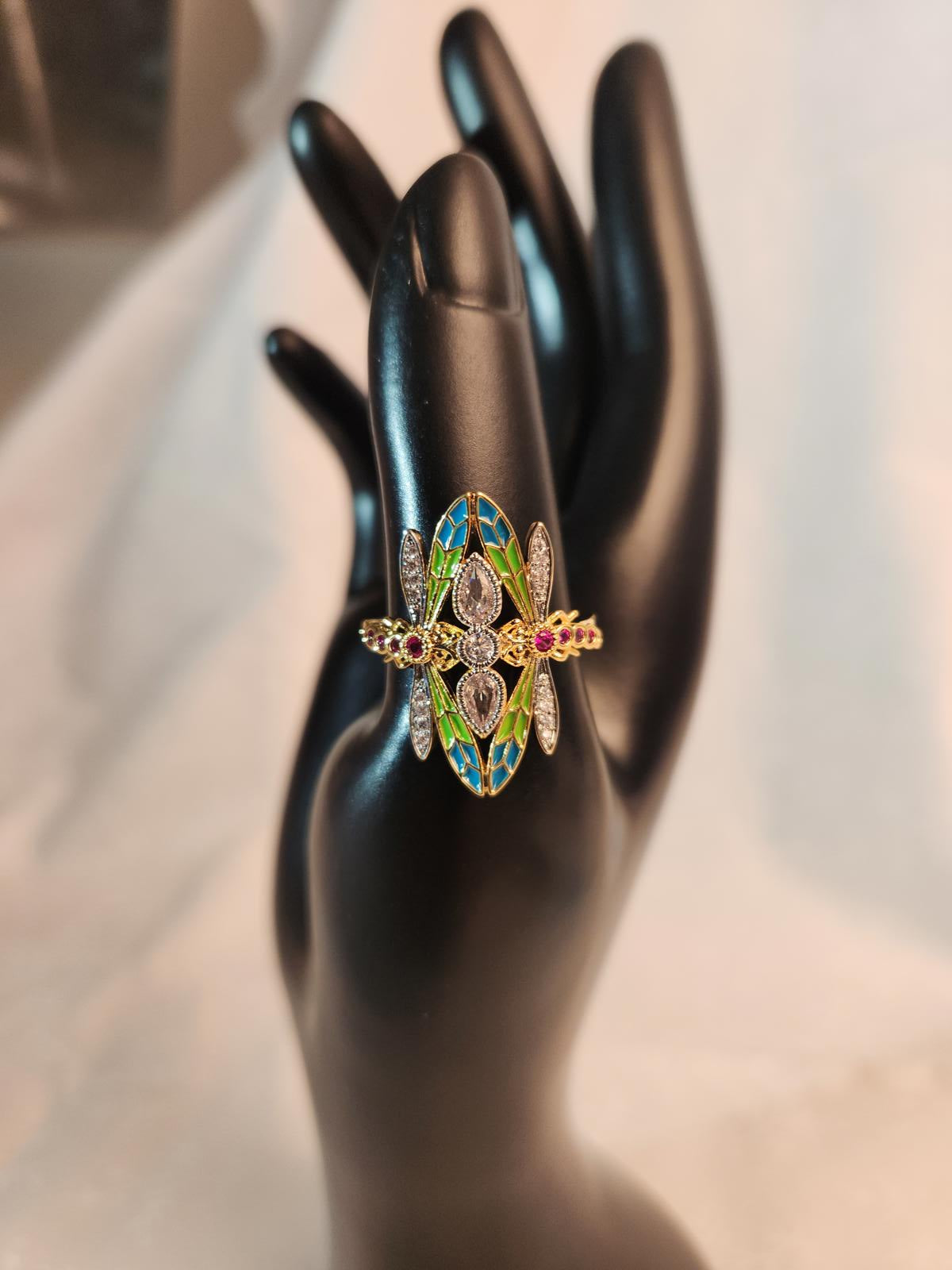 Sparkle Galore - Dragonfly Ring, Colorful CZ/Enamel Gold Tone, Ladies Size 7