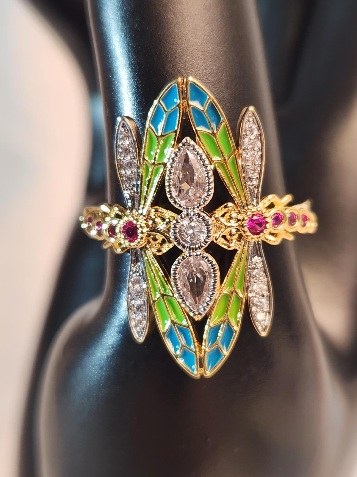 Fabulous Bohemian Dragonfly Ring, Vibrant, CZ/Enamel Gold Tone, Ladies Size 8