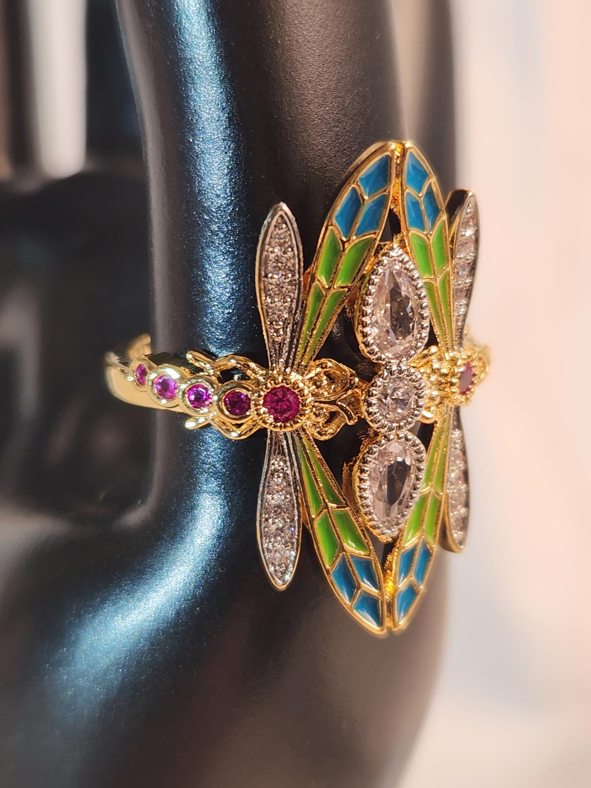 Fabulous Bohemian Dragonfly Ring, Vibrant, CZ/Enamel Gold Tone, Ladies Size 8