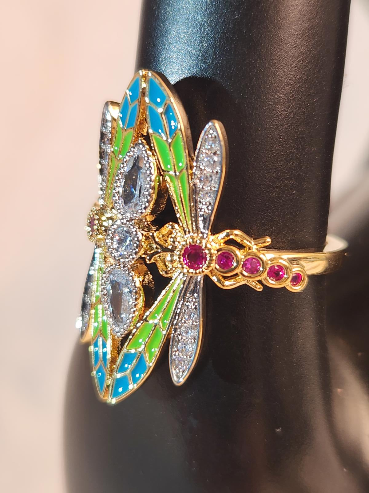 Colorful & Sparkly Dragonfly Ring, Colorful, CZ, Gold-Tone Ladies Size 6