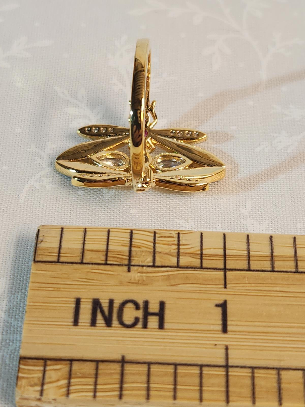 Fabulous Bohemian Dragonfly Ring, Vibrant, CZ/Enamel Gold Tone, Ladies Size 8