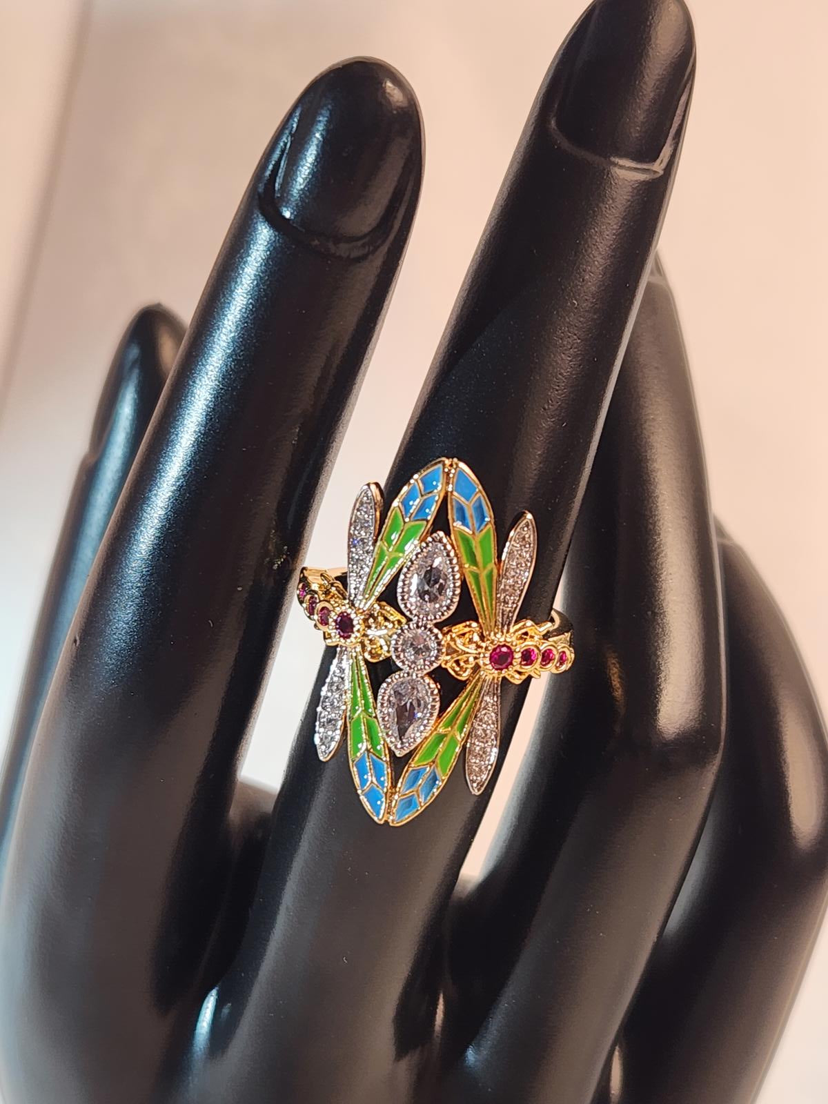 Sparkle Galore - Dragonfly Ring, Colorful CZ/Enamel Gold Tone, Ladies Size 7
