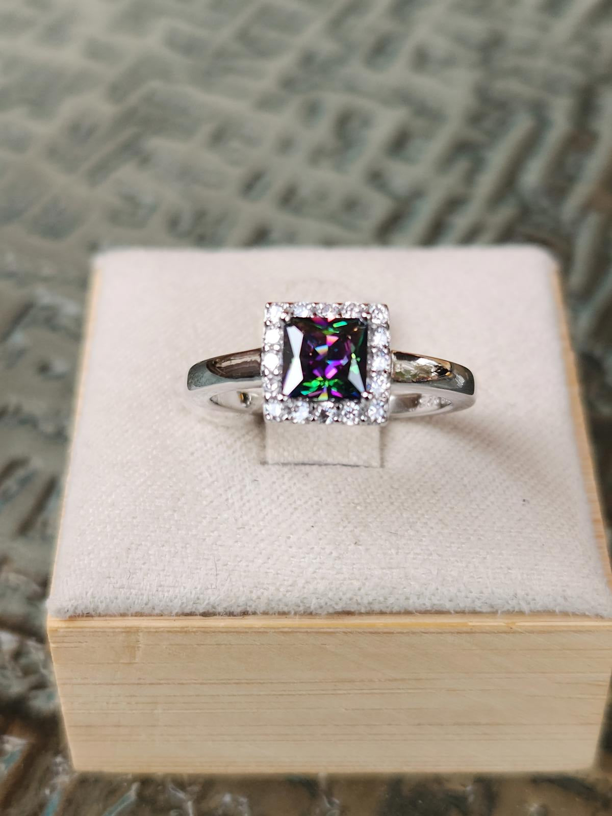 Fabulous Mystic Topaz Magic Ring - Princess Cut with Halo - Sterling Size 5