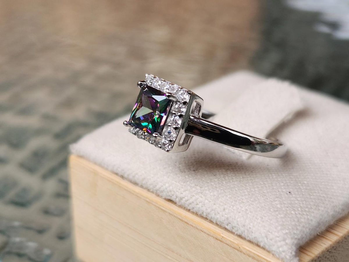 Fabulous Mystic Topaz Magic Ring - Princess Cut with Halo - Sterling Size 5