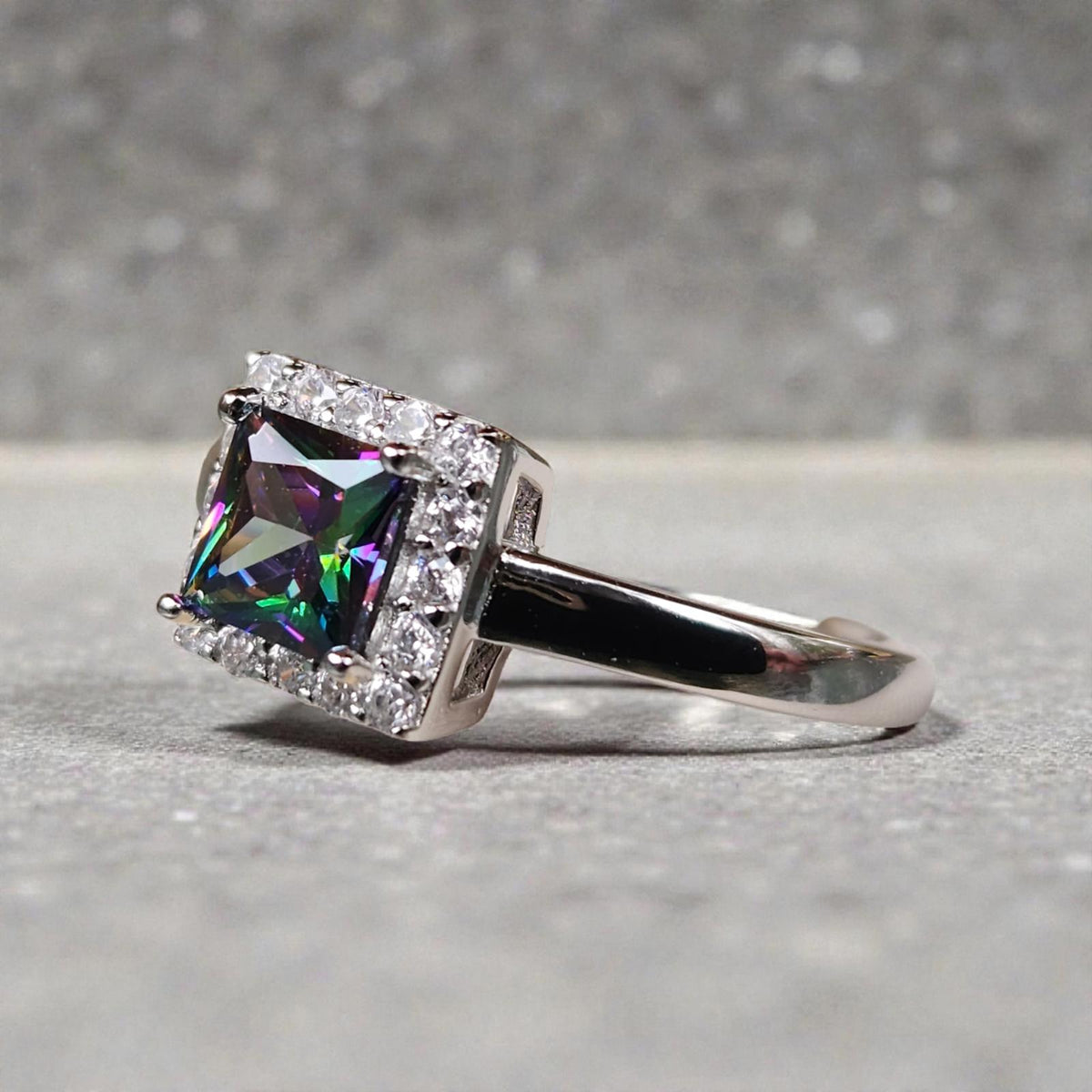 Fabulous Mystic Topaz Magic Ring - Princess Cut with Halo - Sterling Size 5
