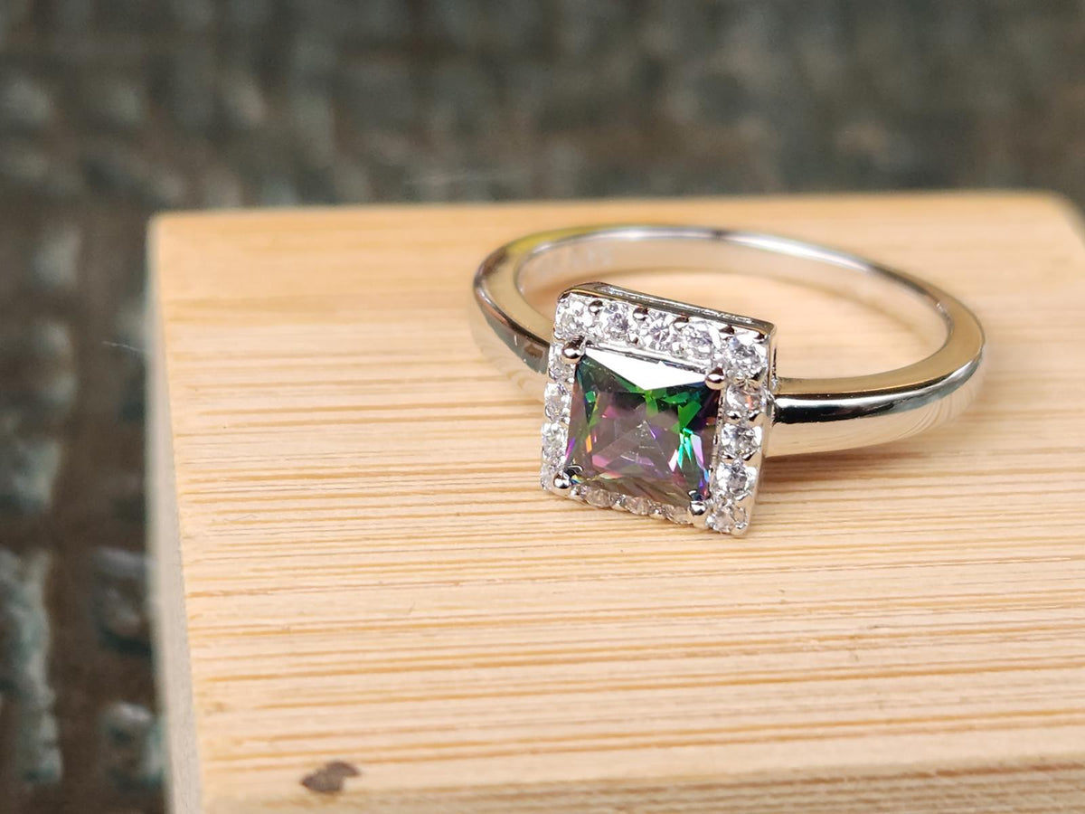 Fabulous Mystic Topaz Magic Ring - Princess Cut with Halo - Sterling Size 5