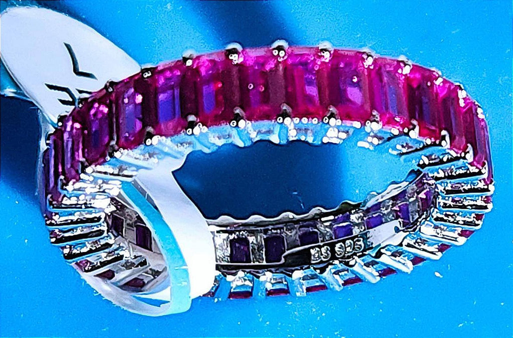 Exceptional Ruby/Sapphire Red Corundum Baguette Eternity Ring Sterling 4mm Band
