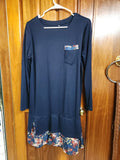 Super Cute Navy Sheath/Tunic Dress with Floral Ruffle & Pocket - Ladies L