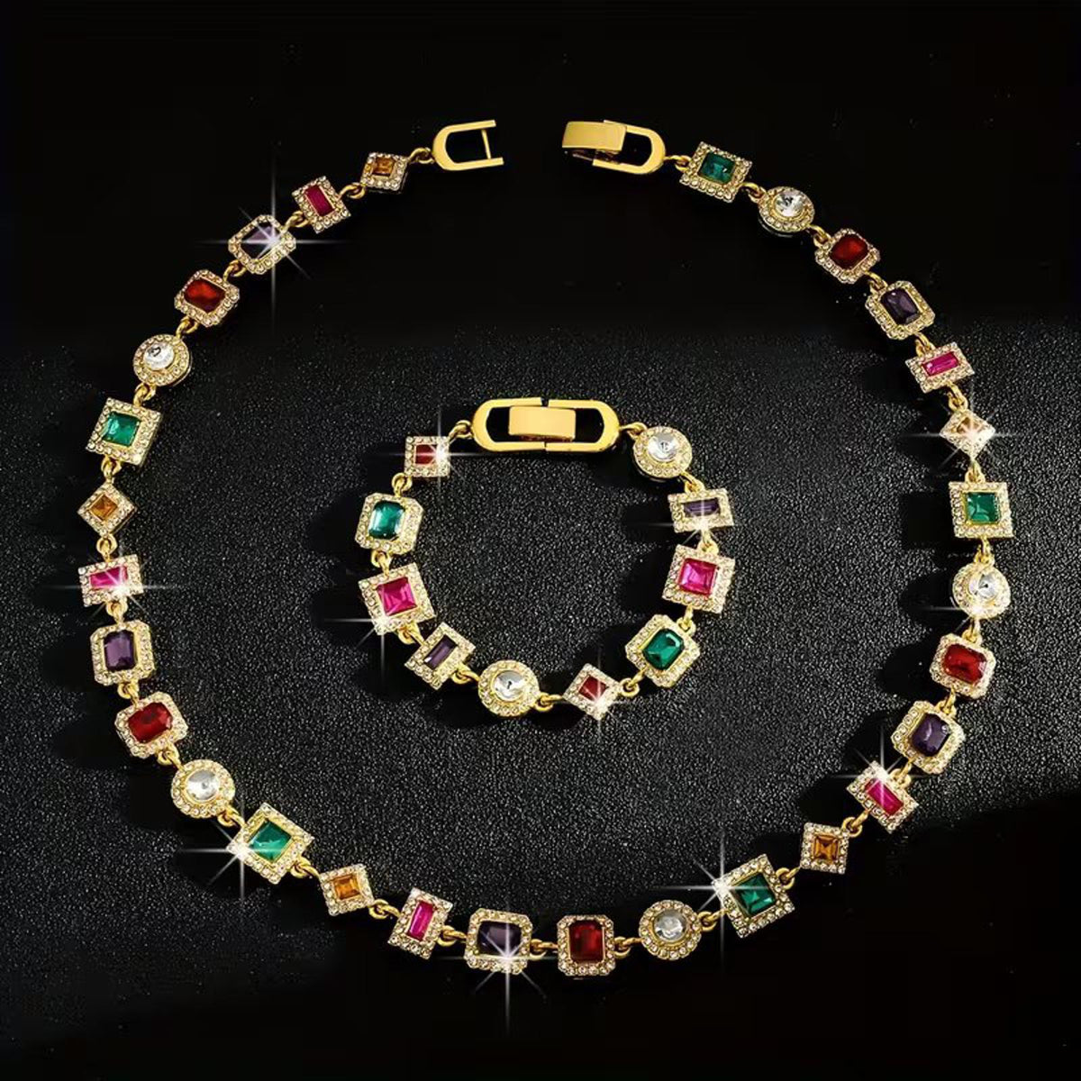 Striking Multicolor Cuban-Style Necklace and Bracelet Set Pure Pizzaz