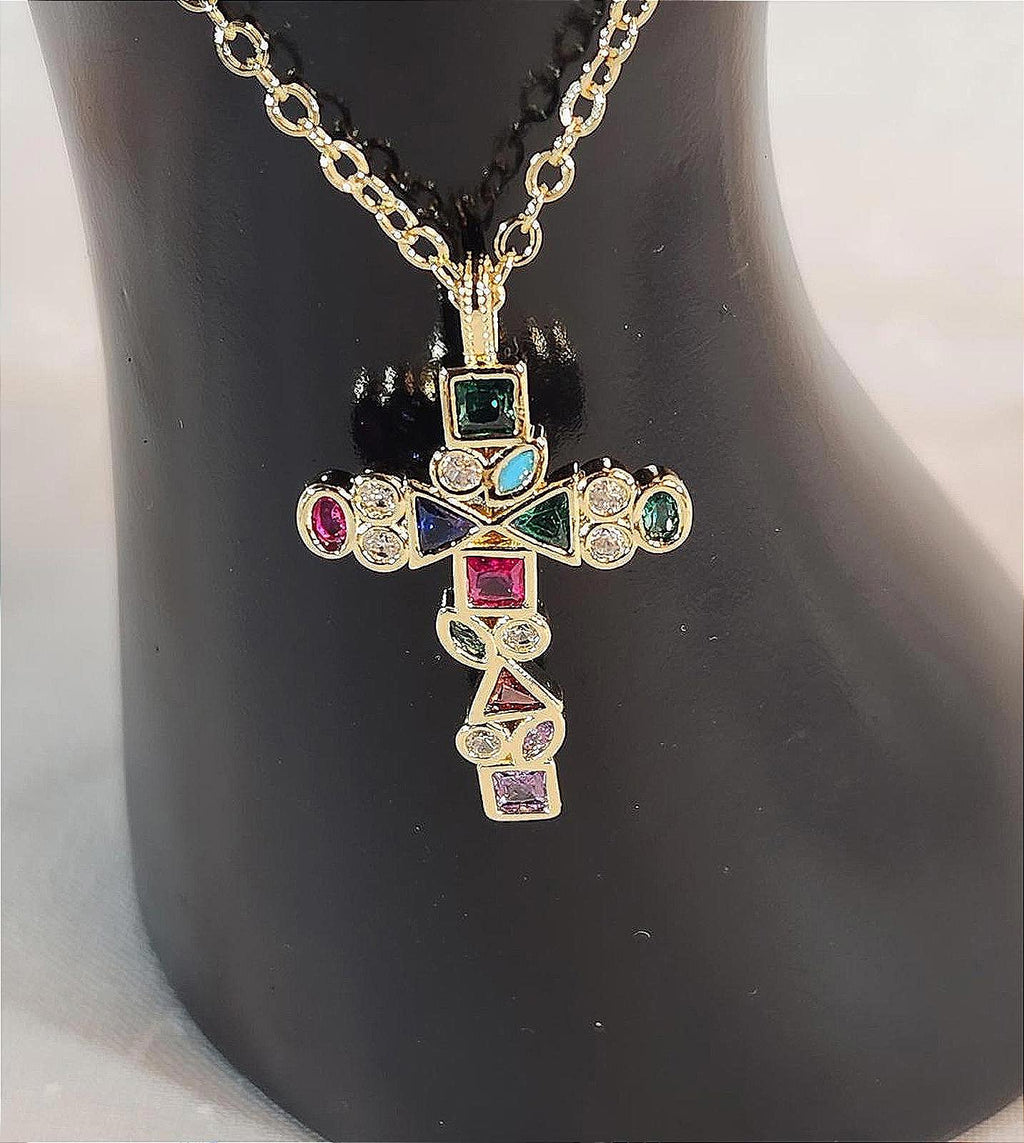 Multicolor Boho Crystal/CZ Cross Pendant, Women's 16 in. with Extender