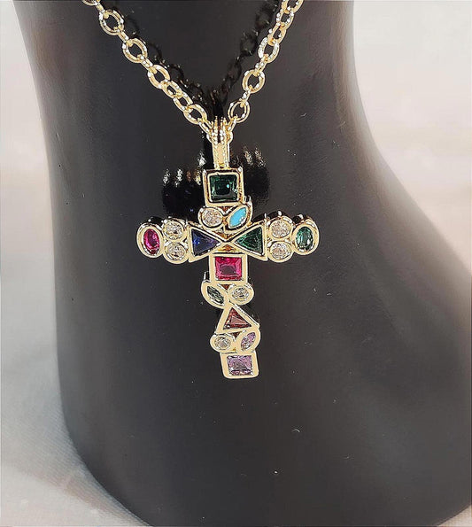 Multicolor Boho Crystal/CZ Cross Pendant, Women's 16 in. with Extender
