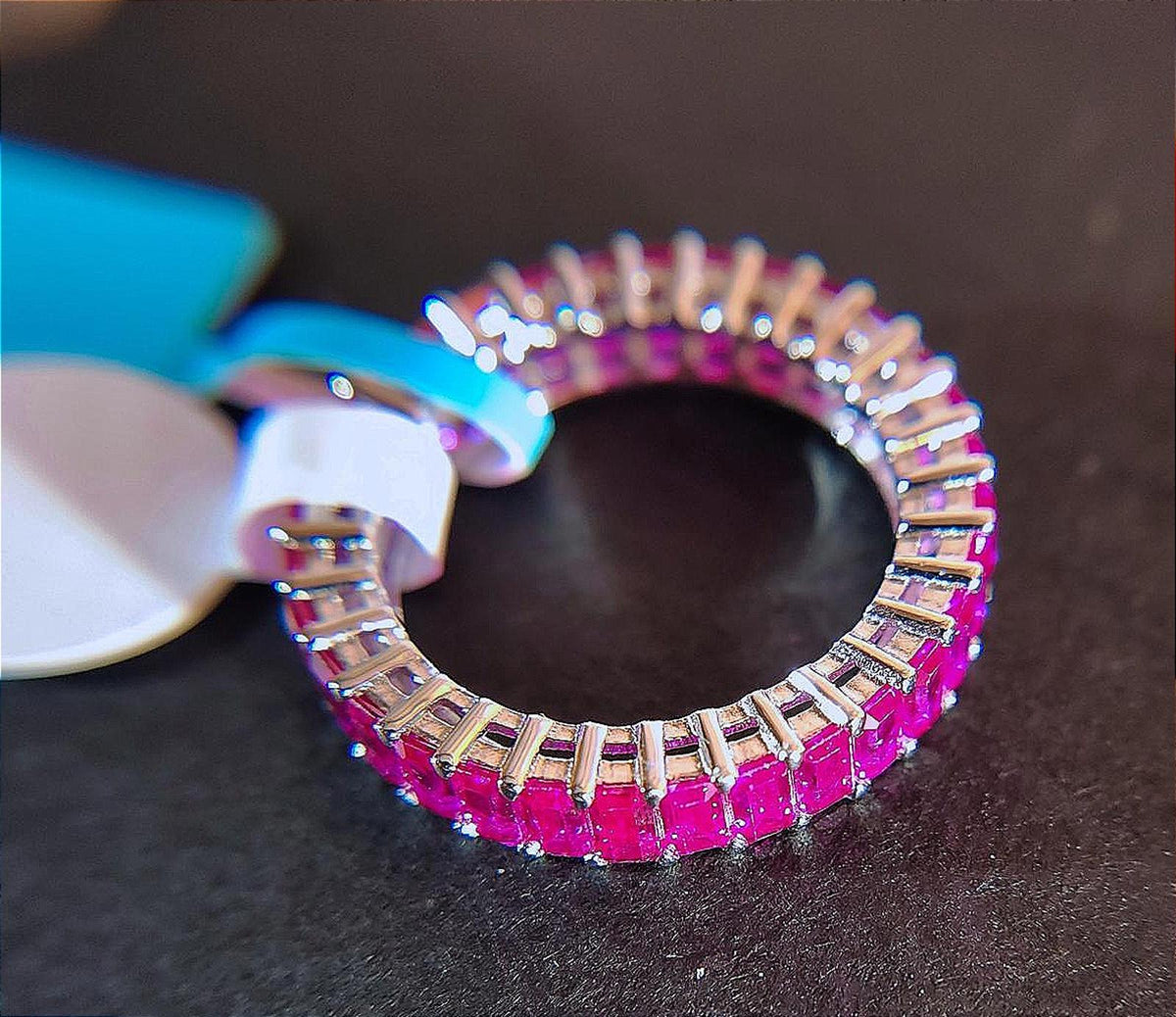Exceptional Ruby/Sapphire Red Corundum Baguette Eternity Ring Sterling 4mm Band