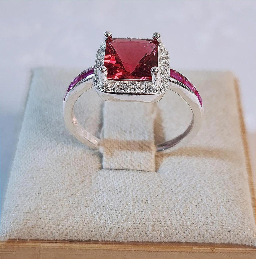 Elegant Ruby AAA CZ Ring With Halo 7mm Sterling Silver Ladies Size 6.75
