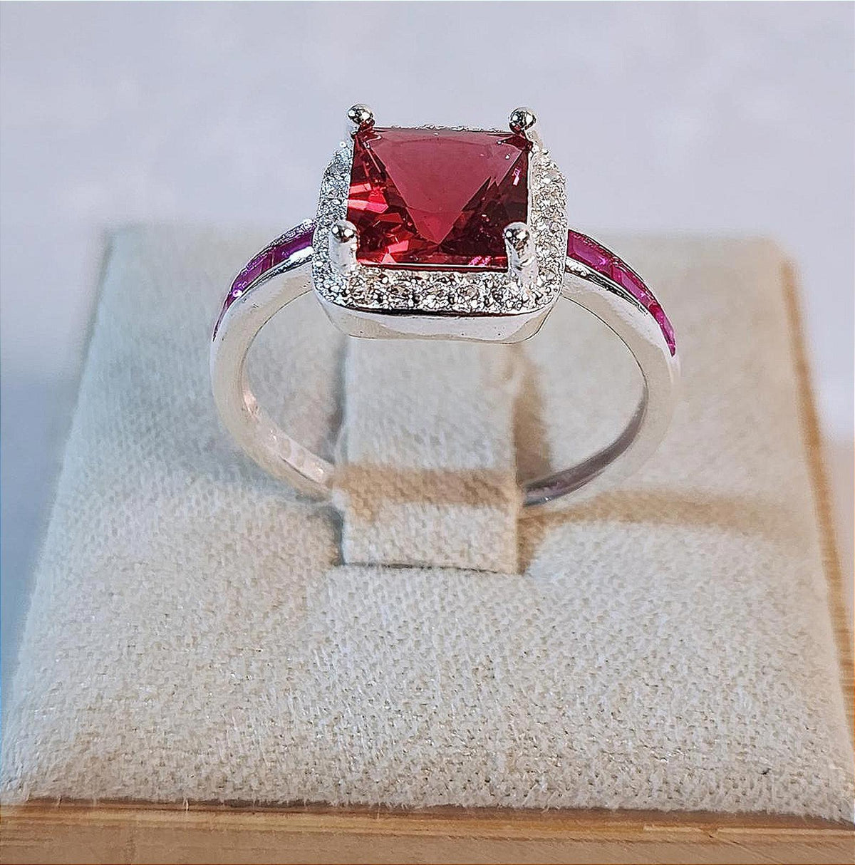 Elegant Ruby AAA CZ Ring With Halo 7mm Sterling Silver Ladies Size 6.75