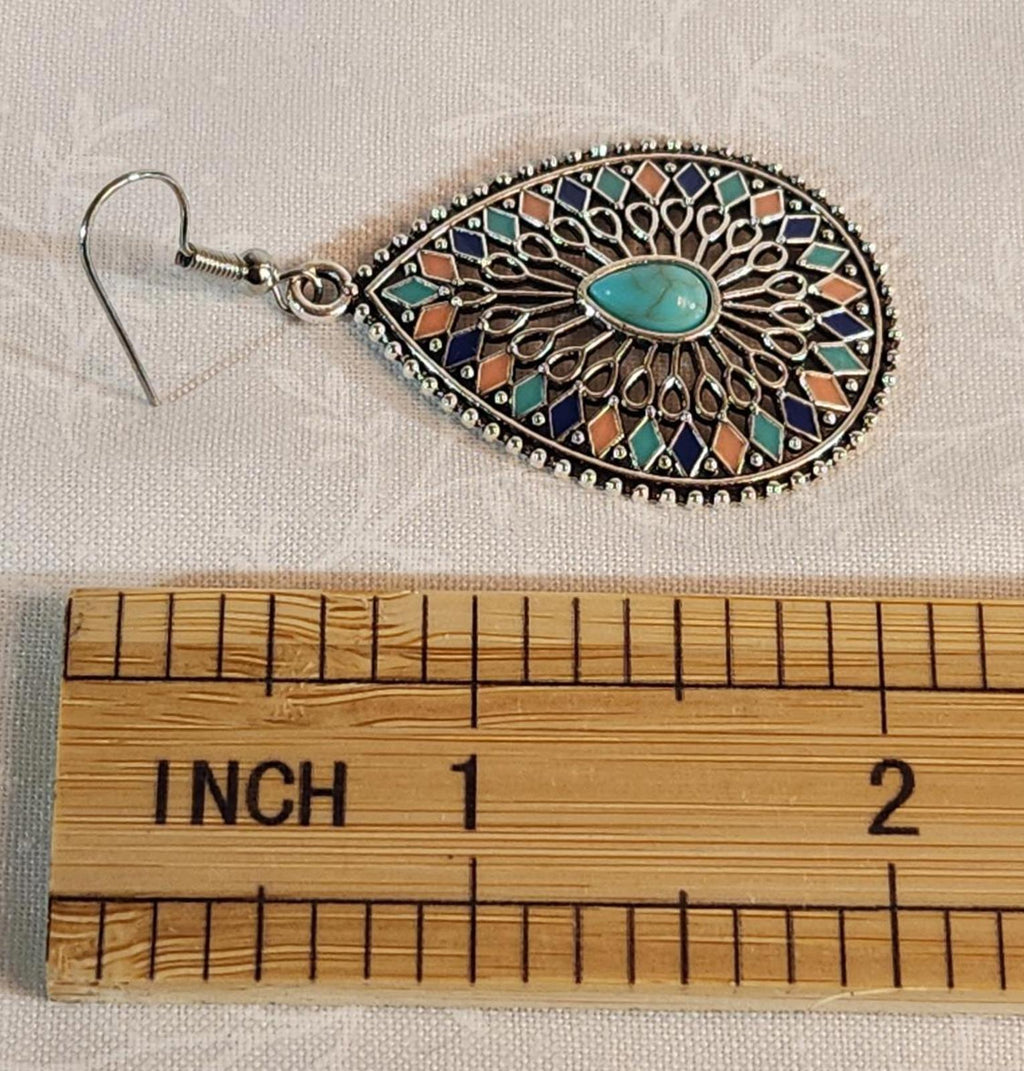 Beautiful Boho-Style Earrings, Silver Filigree-Set Simulated Turquoise & Coral