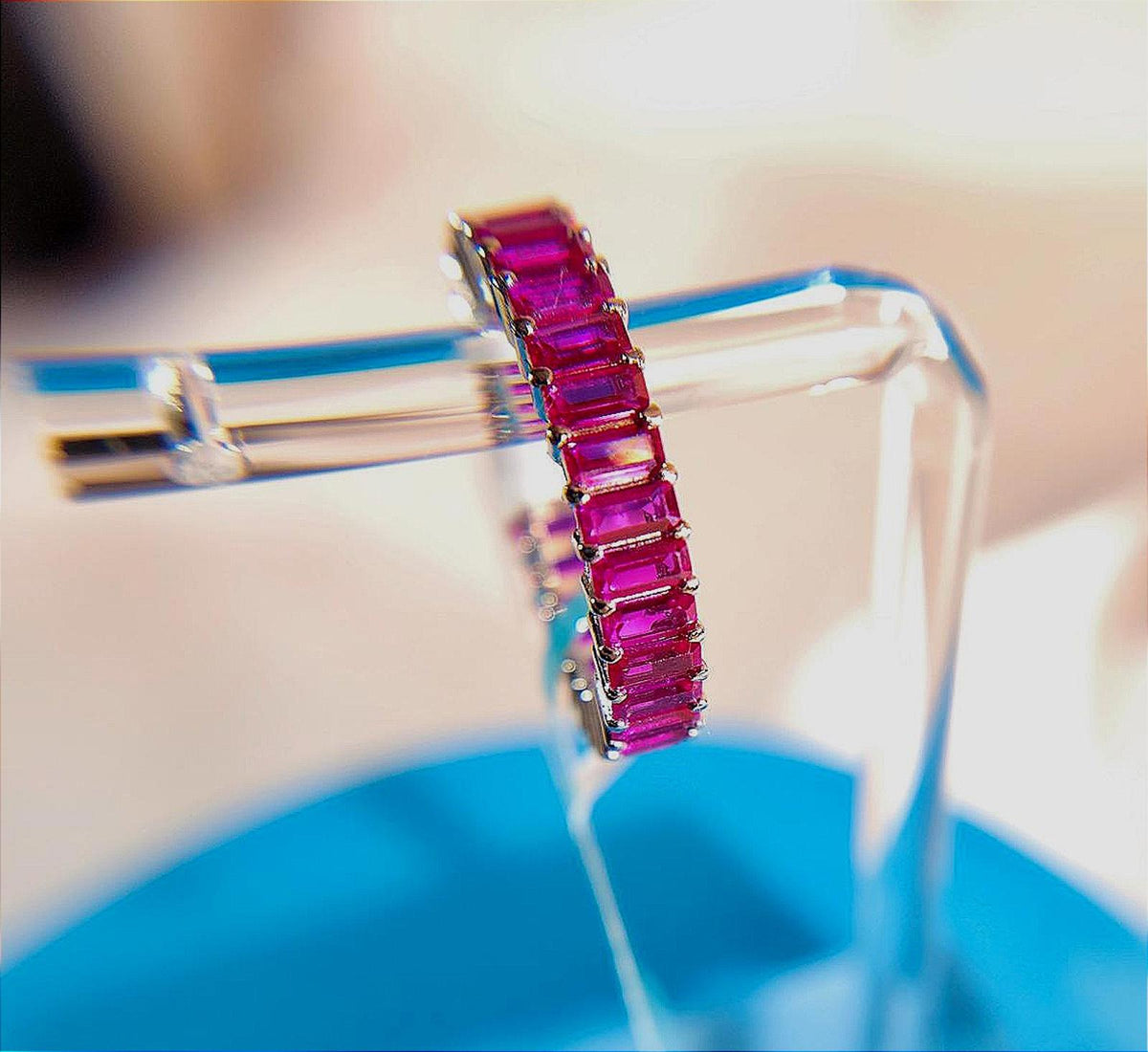 Exceptional Ruby/Sapphire Red Corundum Baguette Eternity Ring Sterling 4mm Band