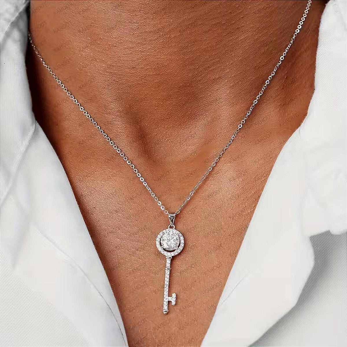 Radiant Moissanite Key Necklace 1 ct. Sterling Plated Pave Accents Ladies 16 in.