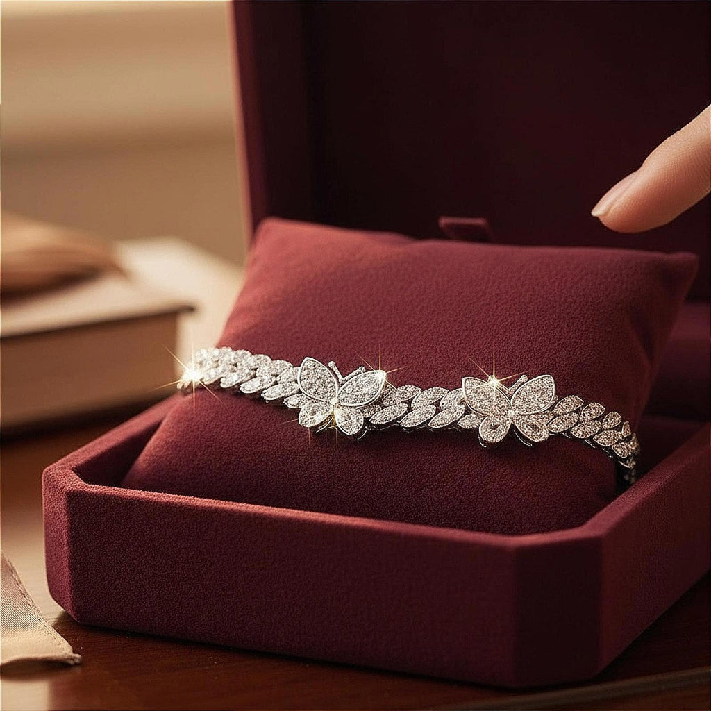 Wonderful CZ Butterfly, Cuban-Link Bracelet, Silver Plated 7in. Ladies Hip Hop