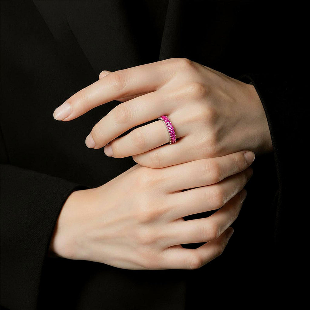 Exceptional Ruby/Sapphire Red Corundum Baguette Eternity Ring Sterling 4mm Band