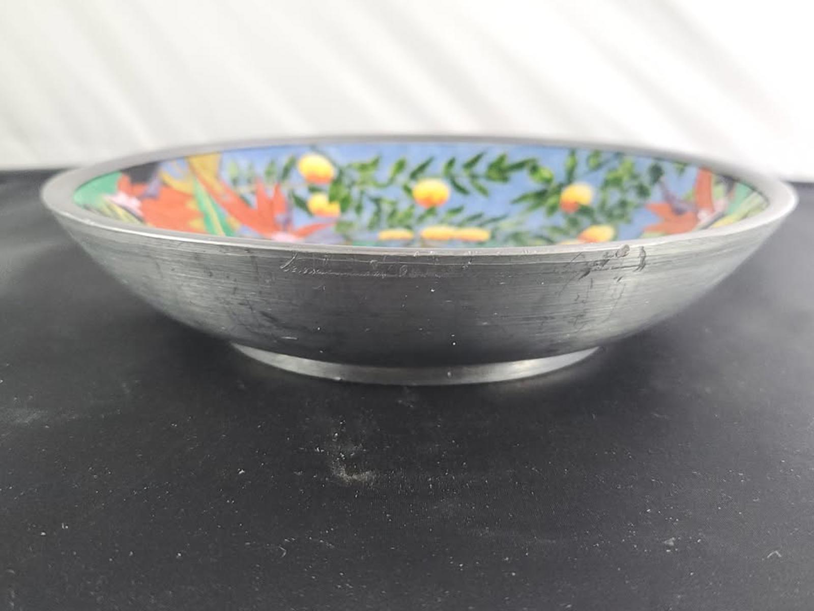 Nieman Marcus Hand-Painted Porcelain and Pewter Bowl w Tiger Vintage Rare