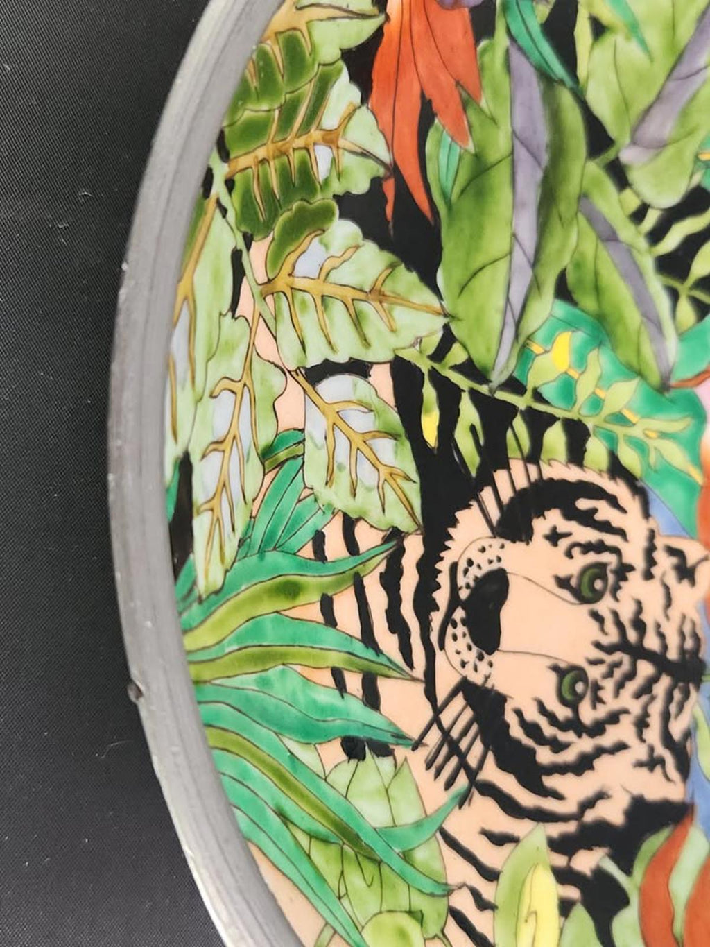 Nieman Marcus Hand-Painted Porcelain and Pewter Bowl w Tiger Vintage Rare
