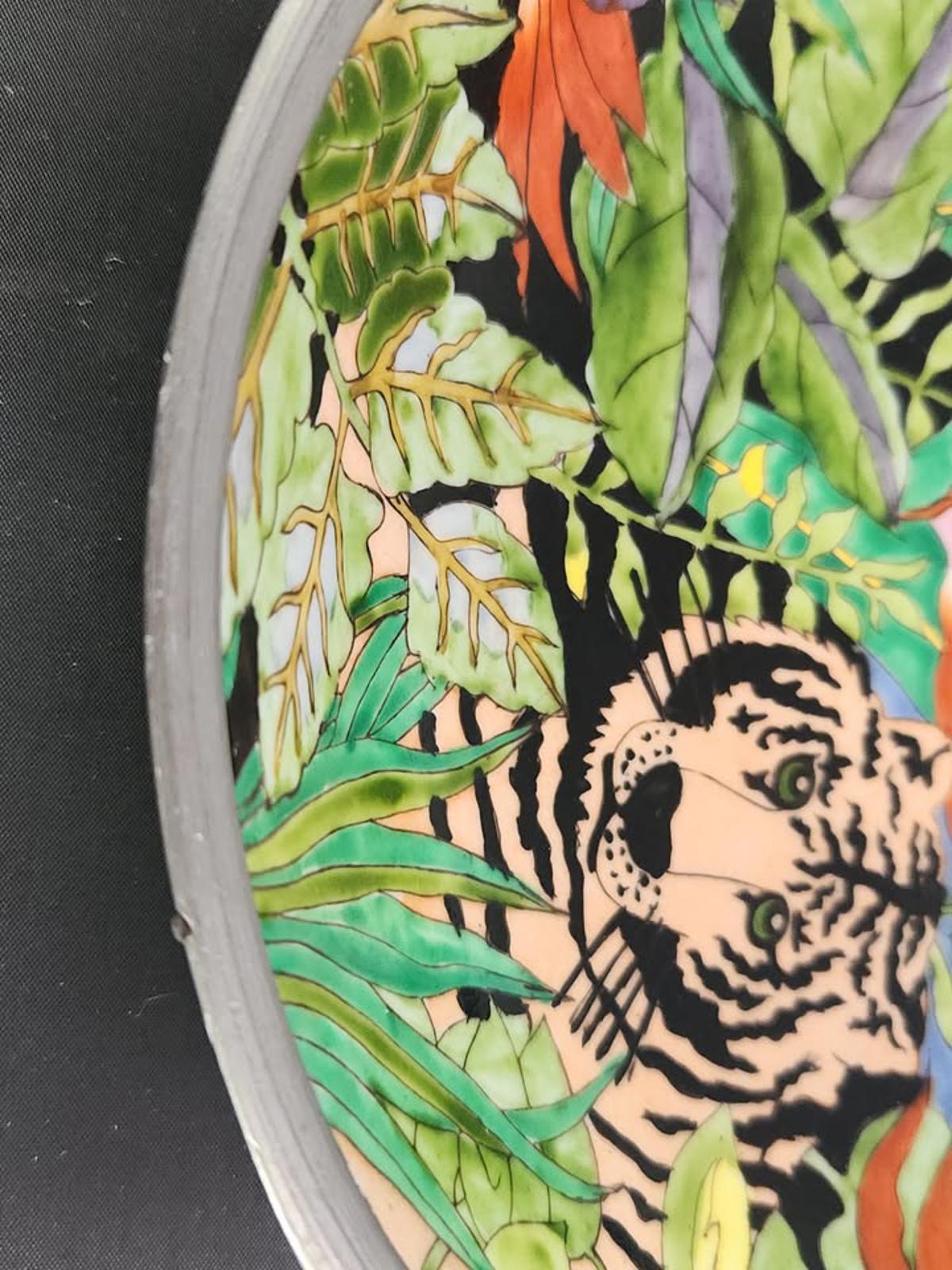 Nieman Marcus Hand-Painted Porcelain and Pewter Bowl w Tiger Vintage Rare
