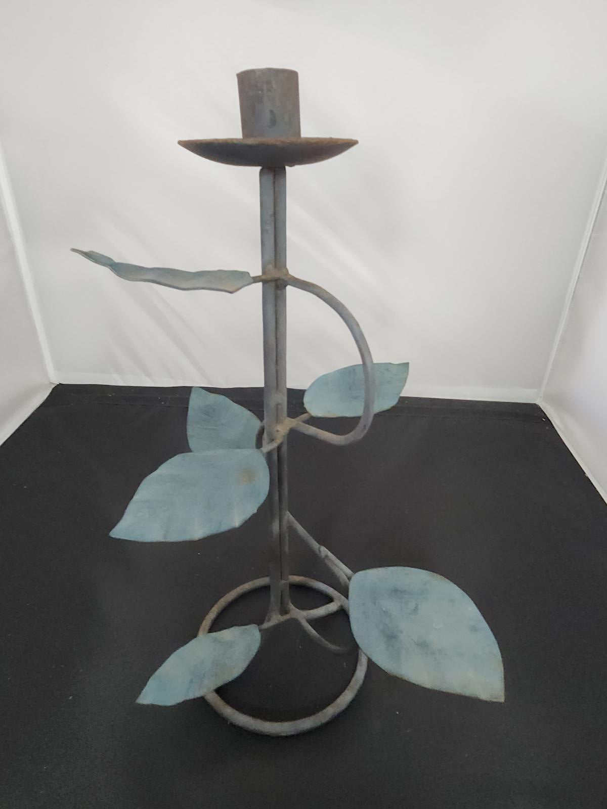 Fabulous Vintage Wrought Iron Candlestick Freeform with Leaves Patina