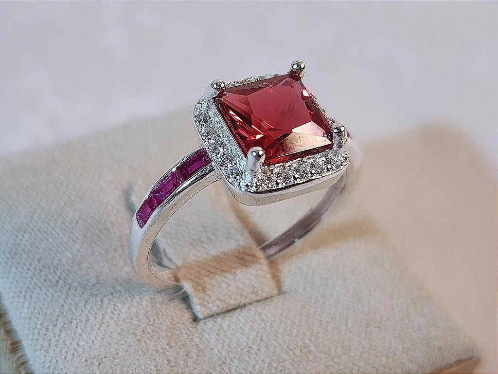 Elegant Ruby AAA CZ Ring With Halo 7mm Sterling Silver Ladies Size 6.75