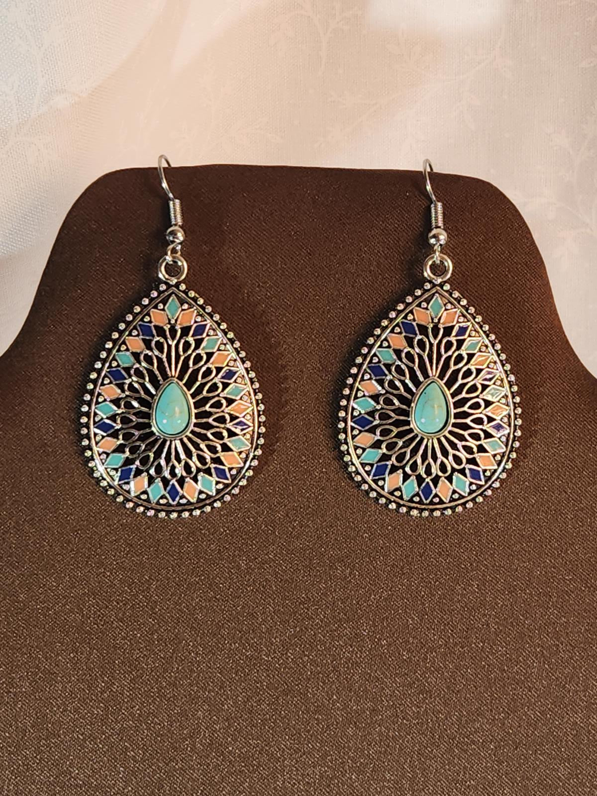 Beautiful Boho-Style Earrings, Silver Filigree-Set Simulated Turquoise & Coral