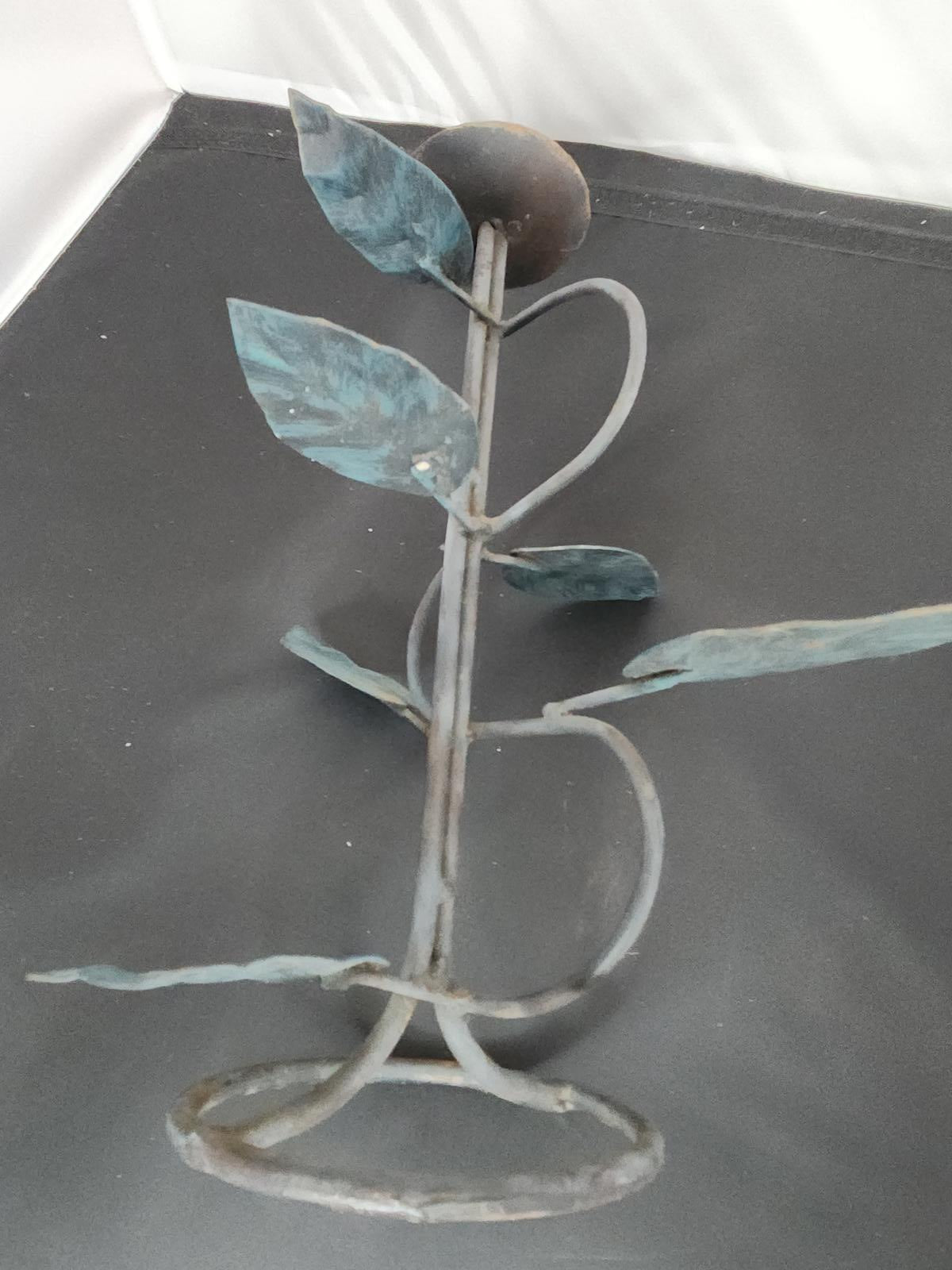 Fabulous Vintage Wrought Iron Candlestick Freeform with Leaves Patina