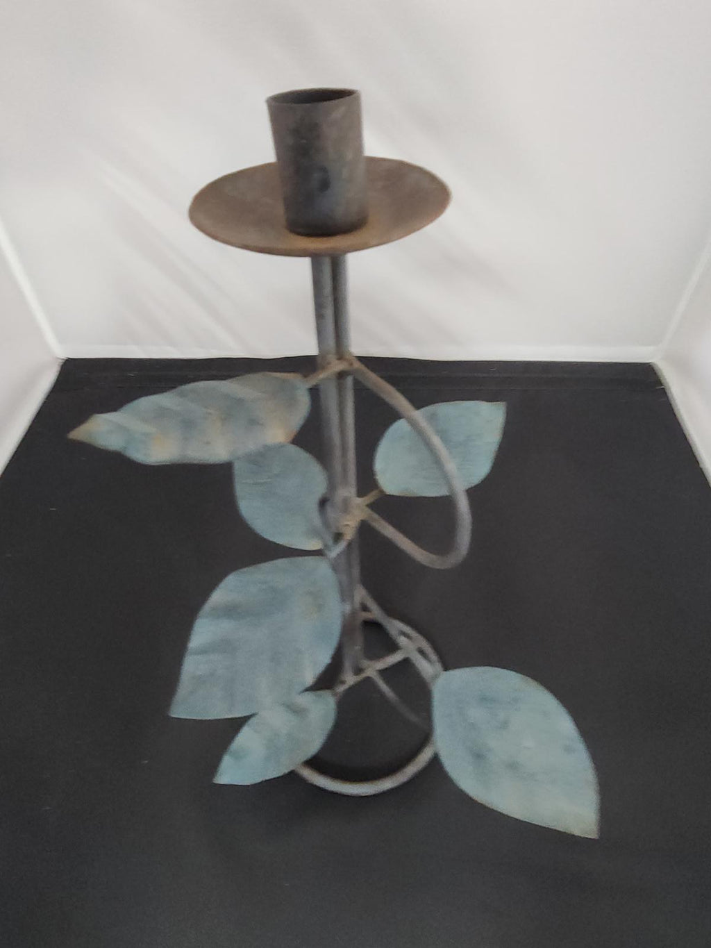 Fabulous Vintage Wrought Iron Candlestick Freeform with Leaves Patina