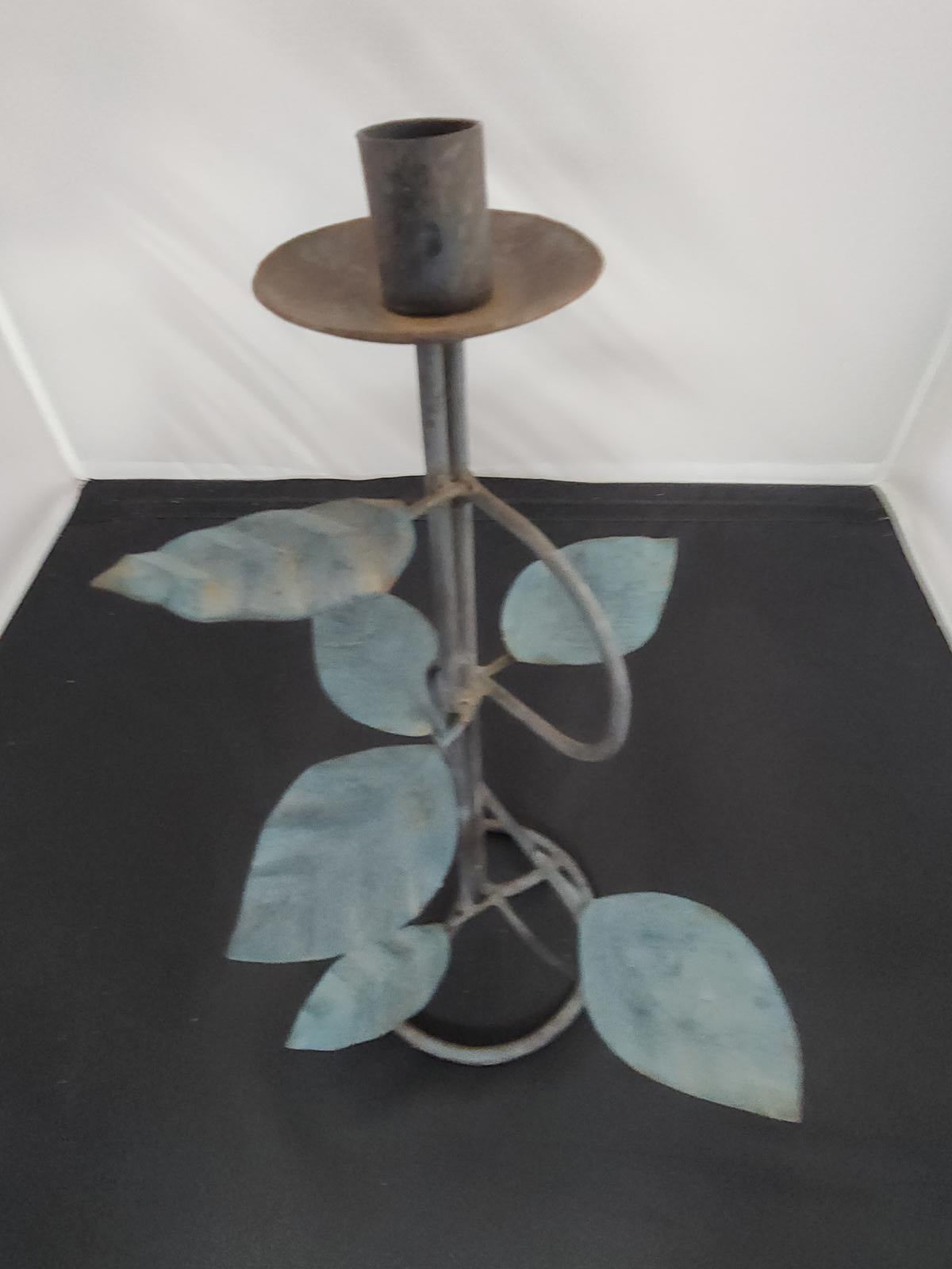 Fabulous Vintage Wrought Iron Candlestick Freeform with Leaves Patina