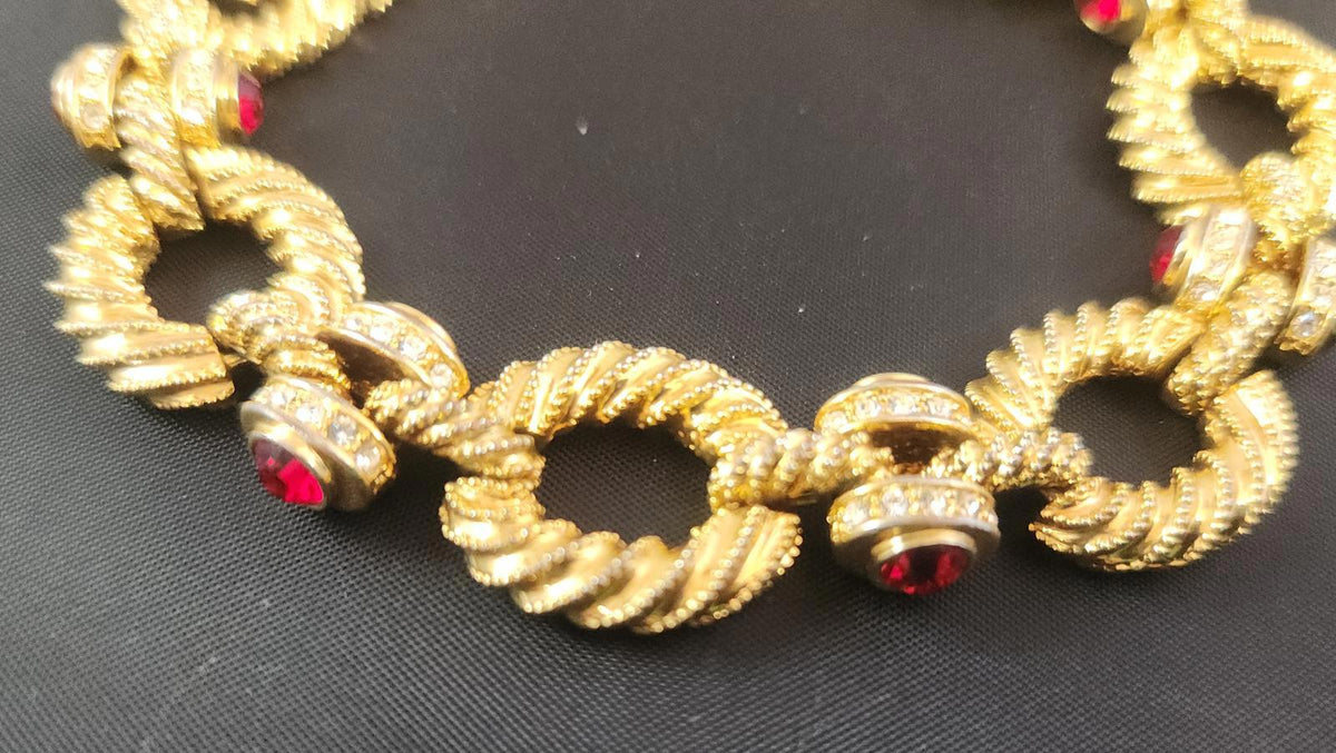 Jacqueline Kennedy Camrose & Kross Red Rhinestone Rope Twist Bracelet Vintage, Hallmarked