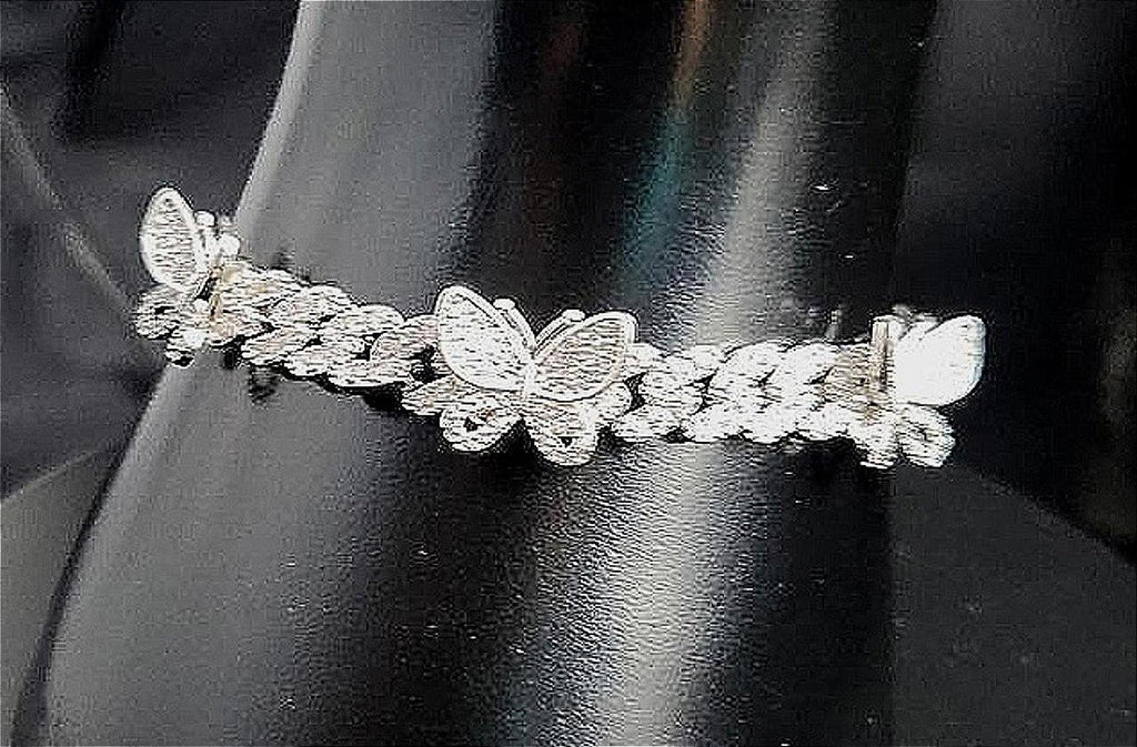 Wonderful CZ Butterfly, Cuban-Link Bracelet, Silver Plated 7in. Ladies Hip Hop